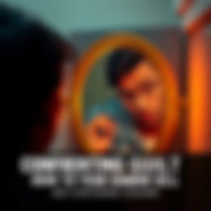 A person looking into a mirror with a thoughtful expression, symbolizing self-reflection and confronting inner struggles.