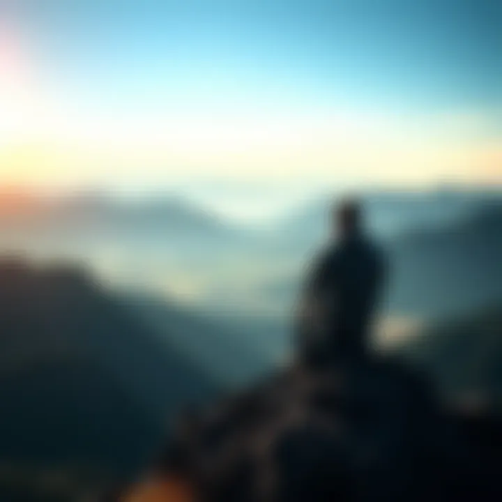 A person sitting on a mountain top, looking out over a scenic view, symbolizing self-reflection and personal growth