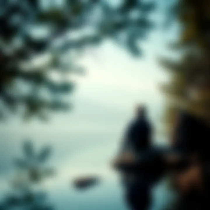 A person sitting on a rock in a serene natural setting, contemplating their thoughts and feelings, surrounded by trees and calm waters.