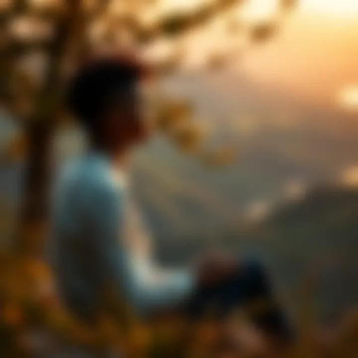 A person sitting peacefully in a serene outdoor setting, reflecting on their thoughts to enhance intuition.
