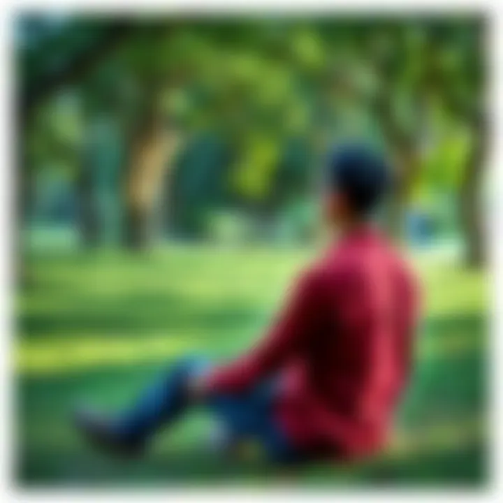 A person sitting peacefully in a green park, surrounded by trees, focusing on their surroundings in a moment of awareness.