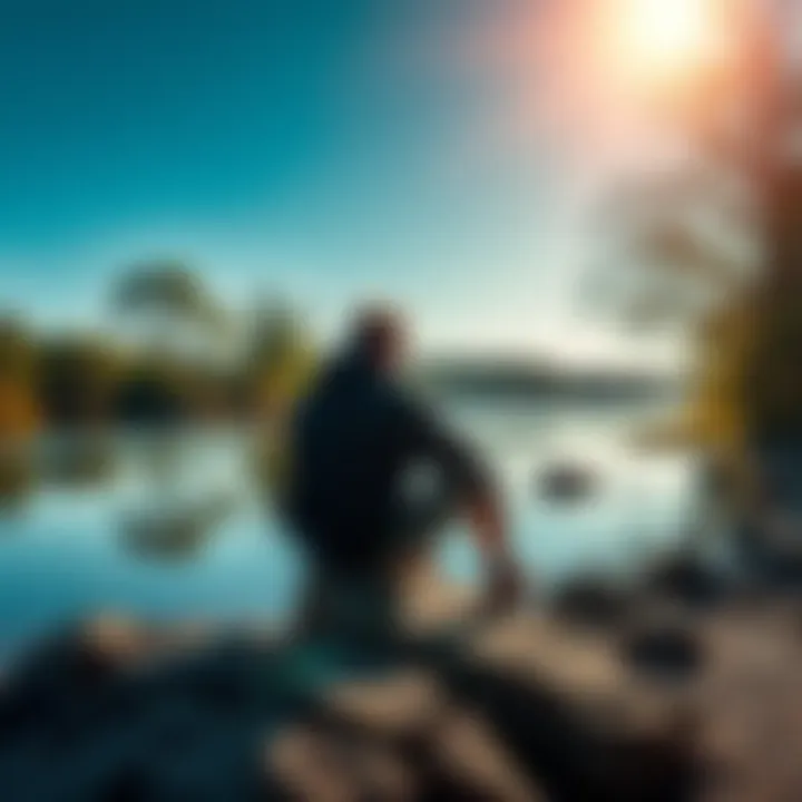 A person sitting on a rock by a river, looking contemplative with trees in the background.