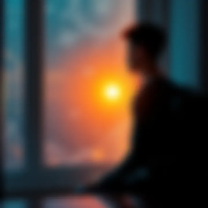 Person reflecting on life's challenges Individual sitting by a window looking pensive, surrounded by symbols of astrology and personal struggles, representing highs and lows in life.