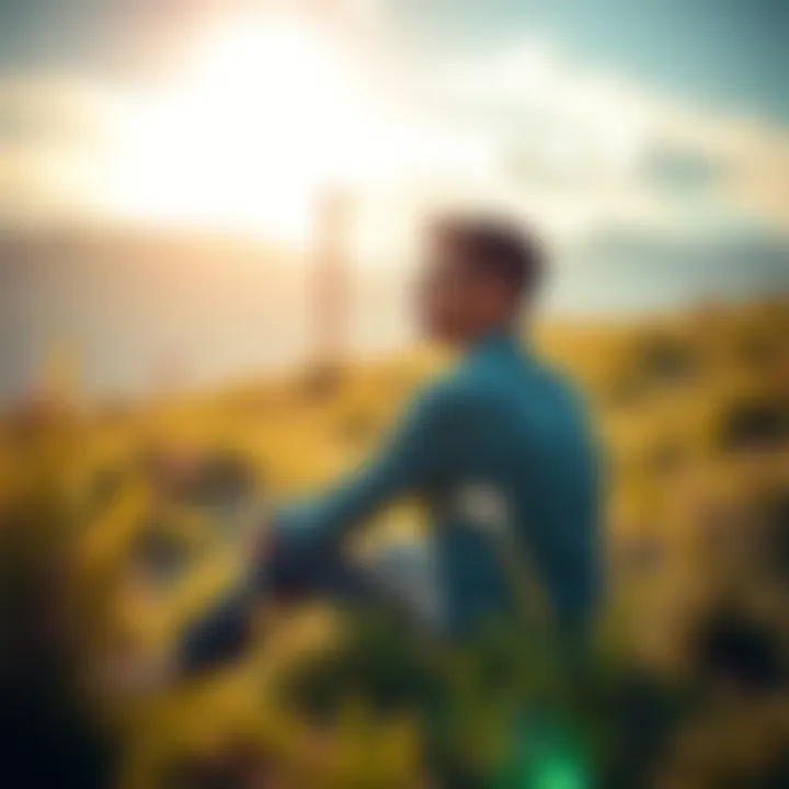 A person sitting in a peaceful environment, deep in thought, contemplating ego and self-awareness.