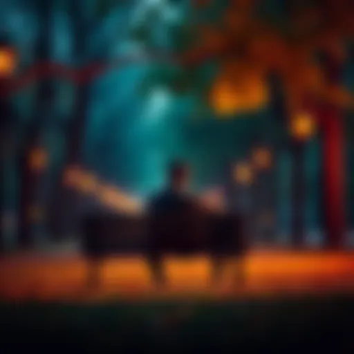 A person sitting on a bench in a park, deep in thought, surrounded by trees, symbolizing self-reflection and personal growth.