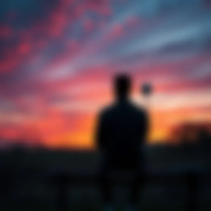 A person sitting alone on a bench, looking pensive as they recall memories of a past relationship, with a sunset in the background symbolizing emotional struggles.