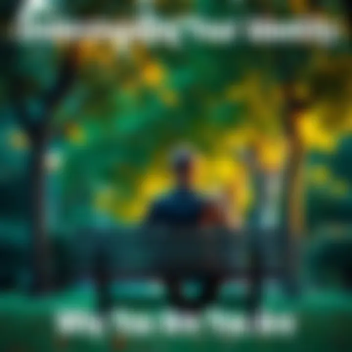 A person sitting on a bench in a park, deep in thought, looking at the trees around them, symbolizing self-reflection and personal growth.