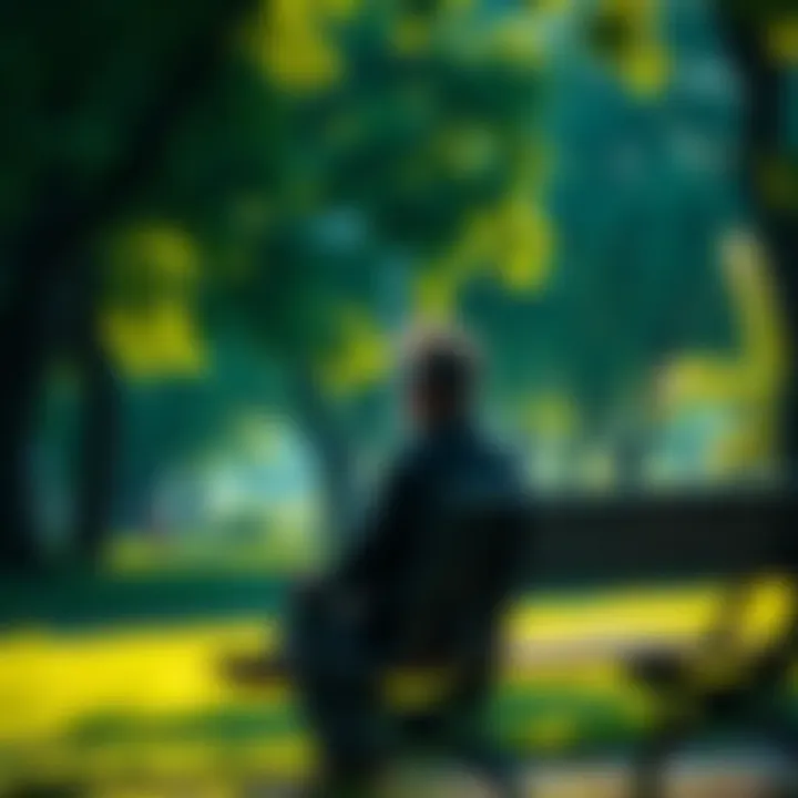 A person sitting on a park bench, looking thoughtfully into the distance, with a serene expression. Sunlight filters through the trees, creating a hopeful atmosphere.