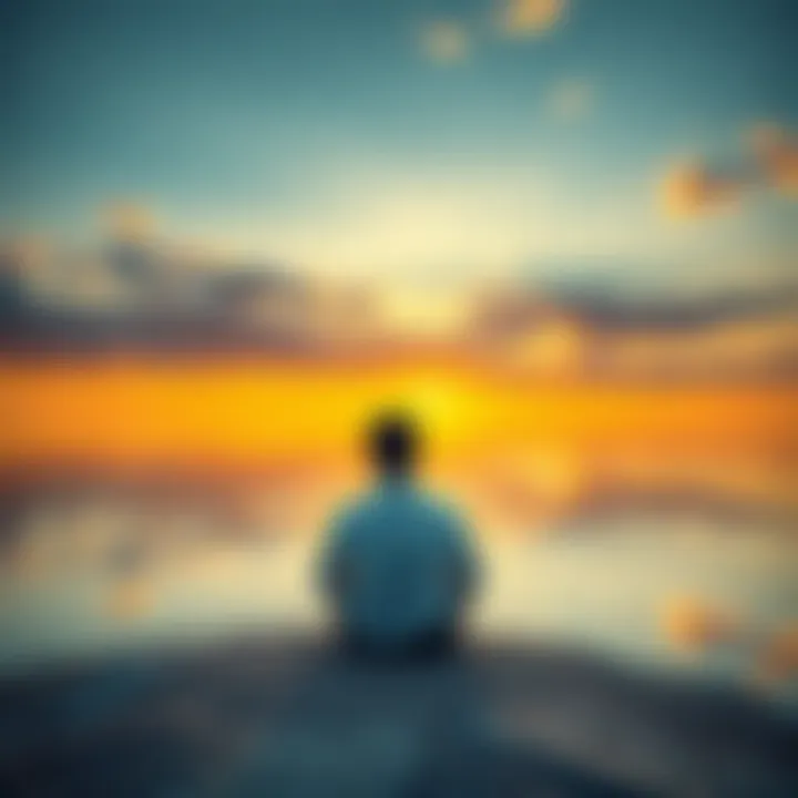 Individual sitting alone, looking contemplative with a serene backdrop, symbolizing personal growth and emotional exploration.