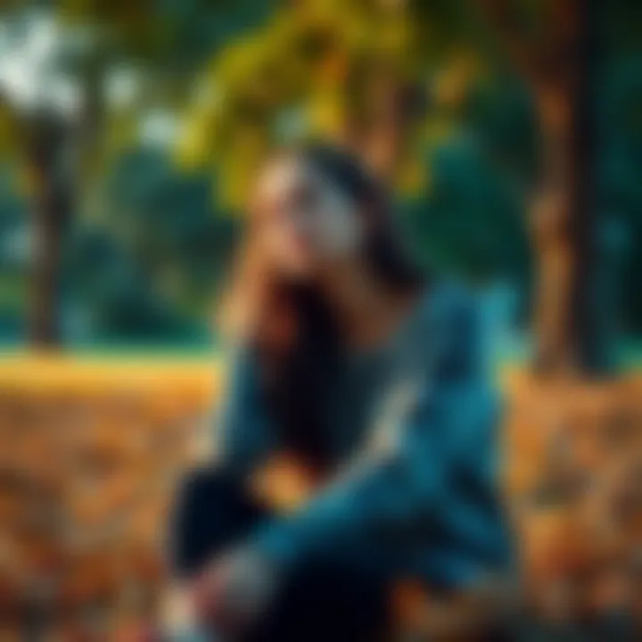 A 35-year-old woman sitting in a park, looking thoughtful while surrounded by nature.