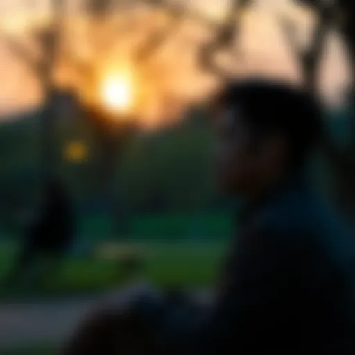Individual sitting alone, looking contemplative in a park with a soft sunset in the background, symbolizing the search for peace after a relationship struggle.