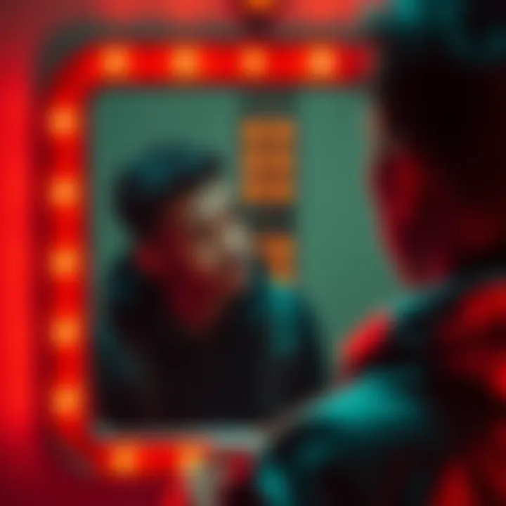 Individual looking into a mirror, contemplating their self-image and societal expectations.