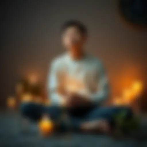 A young person sitting cross-legged on the floor, looking contemplative with closed eyes, surrounded by candles and spiritual symbols, representing a spiritual fast and inner reflection.