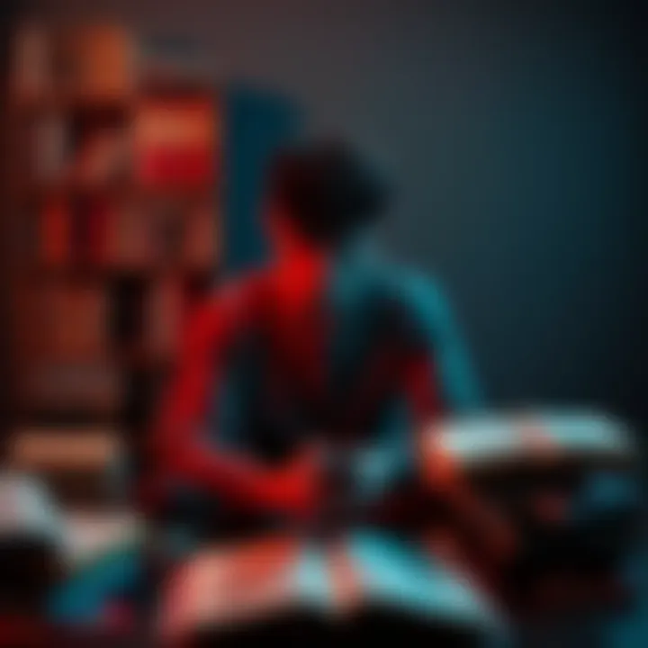 A person sitting alone with a thoughtful expression, surrounded by books and a smartphone, symbolizing spiritual exploration and feelings of confusion.