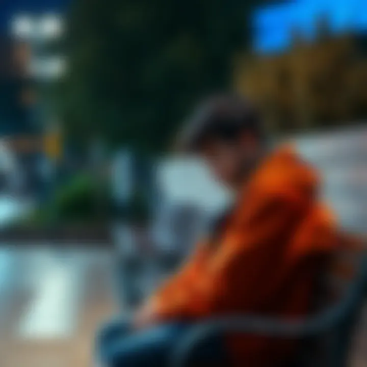 A young adult sitting on a bench with a thoughtful expression, looking down, symbolizing their battle with addiction and self-worth.