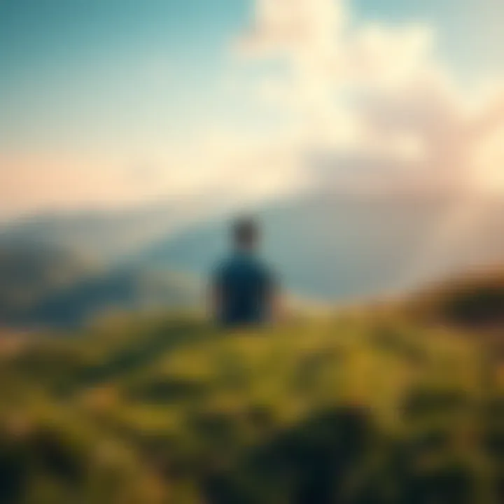 A person sitting cross-legged on a grassy hill, looking contemplative while surrounded by nature, symbolizing inner peace and self-discovery.