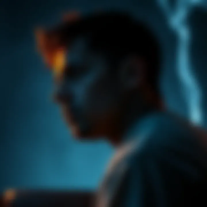 Individual contemplating their past actions and morality, with a glowing light symbolizing a near-death experience in the background.