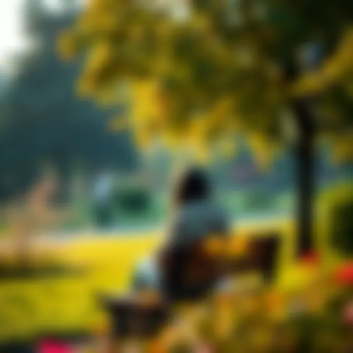 A neurodivergent individual sitting on a park bench, surrounded by nature, deep in thought about their personal journey and development.
