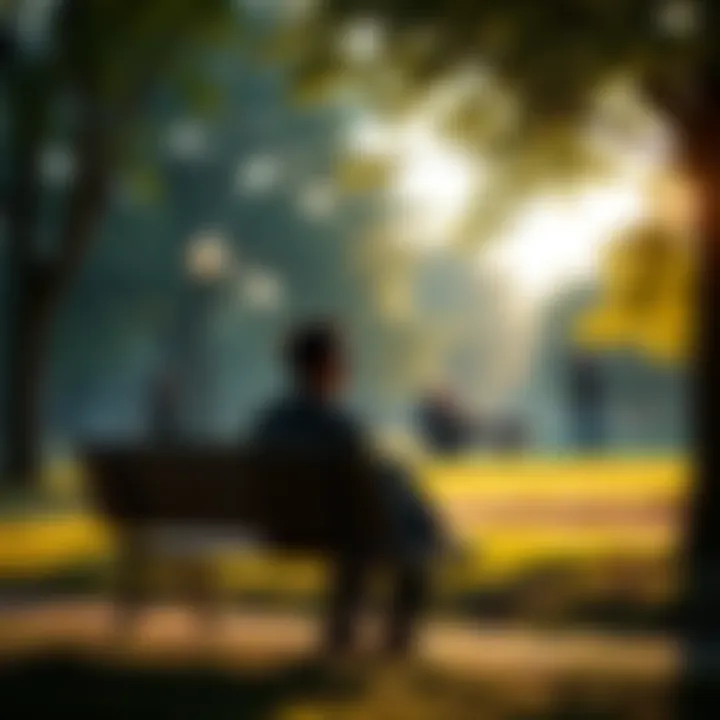 A person sitting on a bench in a peaceful park, looking contemplative and lost in thought, surrounded by trees and soft sunlight.