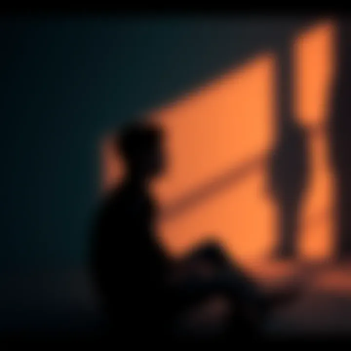 A person sitting alone with a thoughtful expression, surrounded by symbolic shadows representing childhood experiences, reflecting on how they affect relationships.
