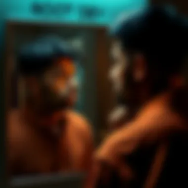 Person looking in the mirror with thoughtful expression Individual reflecting on self-worth and personal growth while looking in a mirror