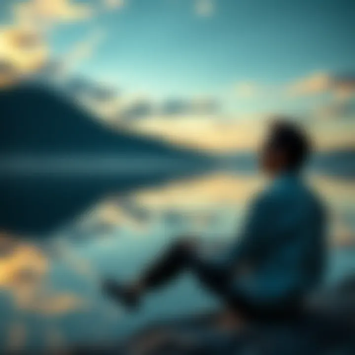 A person sitting quietly by a calm body of water, looking into their reflection with a serene expression, contemplating their inner thoughts.