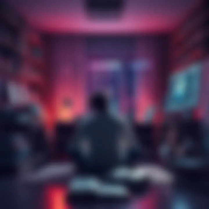 A person sitting in a cozy room, deep in thought about simulation theory, surrounded by books and a computer with forums open.