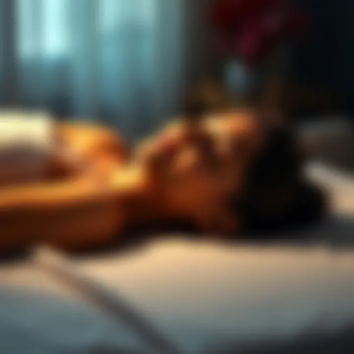 A person lying on a treatment table with acupuncture needles, appearing relaxed and peaceful after the session.
