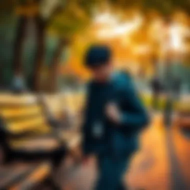 A person searching for a necklace in a park, looking distressed while checking around benches and trees.