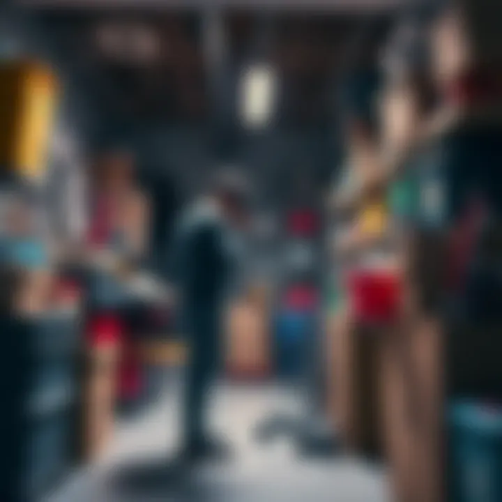 A person looking around a cluttered garage, searching for a missing VR headset among boxes and tools