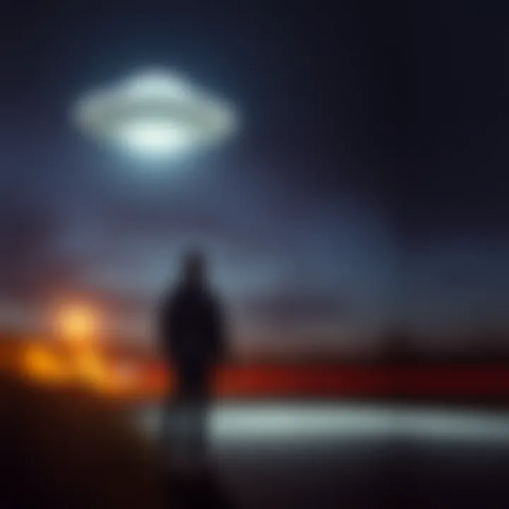 A person standing outside at night, looking up at a bright UFO hovering silently in the sky.