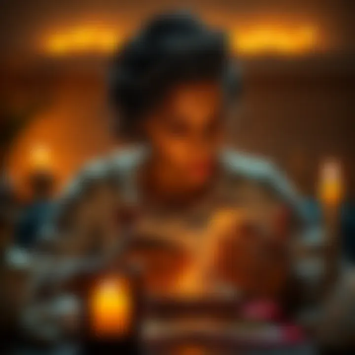 Individual looking thoughtful while reading tarot cards in a calm setting, surrounded by candles and crystals, expressing a desire for genuine insights