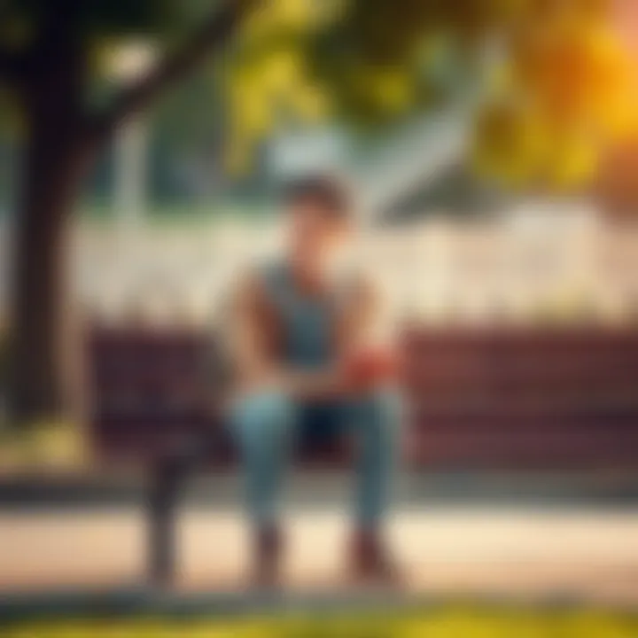 A young adult sitting on a park bench, looking thoughtful and contemplative, with a notebook in hand, seeking advice from the community.
