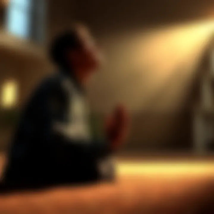 A person kneeling in prayer, looking up with a hopeful expression while surrounded by soft light, symbolizing a search for divine guidance.