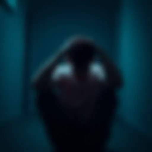 A person sitting in a dimly lit room, looking distressed while holding their head, symbolizing a plea for protection from negative energy.