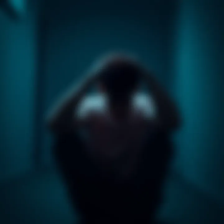 A person sitting in a dimly lit room, looking distressed while holding their head, symbolizing a plea for protection from negative energy.