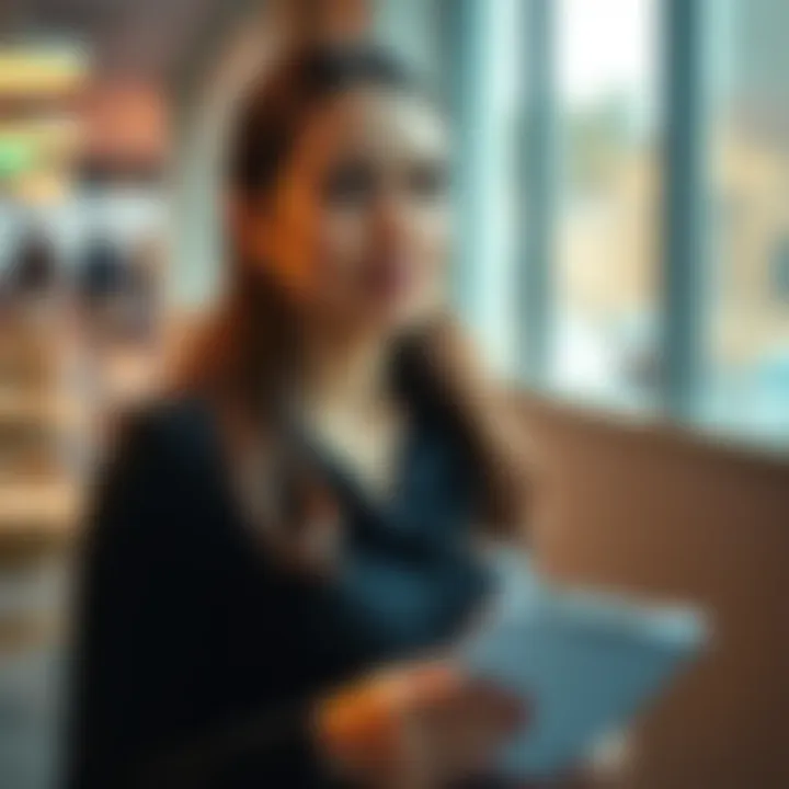 A 27-year-old woman with a thoughtful expression, looking to connect and discuss ideas with others, holding a notepad and pen.
