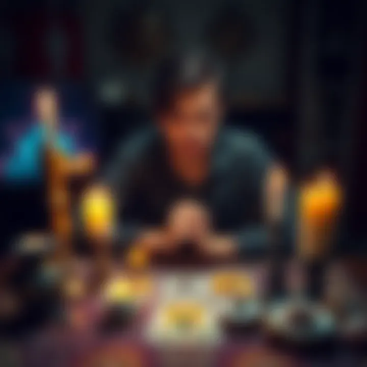 A person sitting at a table with tarot cards, looking thoughtful and anxious, surrounded by candles and crystals, reflecting on their spiritual journey