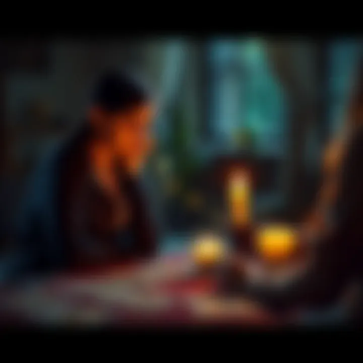 A grieving person sitting at a table with a candle and tarot cards, looking hopeful while connecting with their late boyfriend through a psychic reading