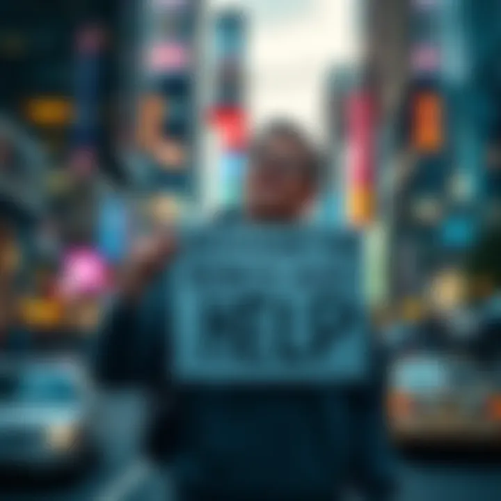Individual looking for remote work opportunities while holding a sign for help in a busy city background