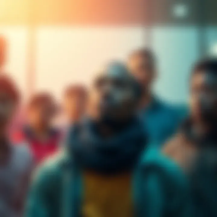 Individual looking for a new biological family, surrounded by supportive people and community resources.