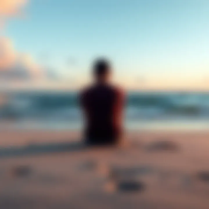 Person sitting alone on a beach A solitary figure on a beach gazes at the ocean, representing independence and solitude