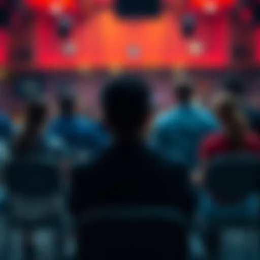 A person looks thoughtful while seated alone in a busy social setting, with people conversing around them.
