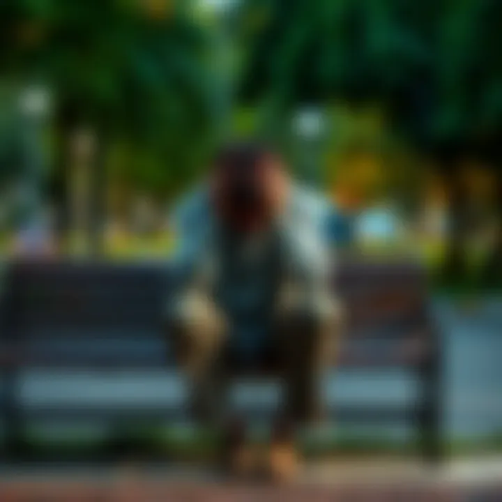 A person in casual clothes sits on a park bench, looking overwhelmed and resting their head in their hands, symbolizing emotional exhaustion.