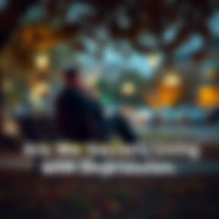 Person sitting alone looking thoughtful A person sitting on a park bench, staring off into the distance with a worried expression, symbolizing hidden depression.