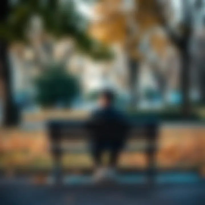 A person sitting on a park bench with a pensive expression, symbolizing the struggle with depression and the search for hope.