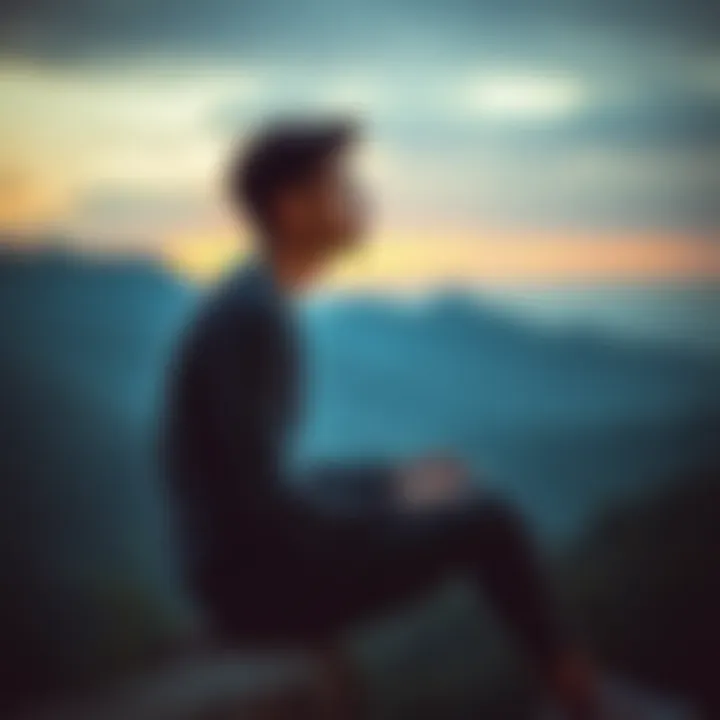 Person sitting in reflection Individual in a serene setting, deep in thought with a calm expression, symbolizing the search for clarity during a spiritual awakening after a relationship ends.