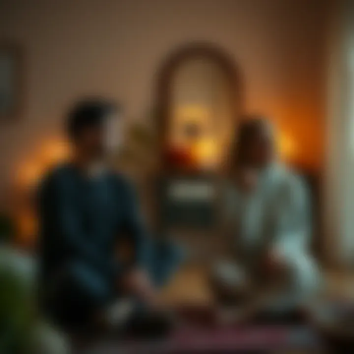A person sits across from a medium in a cozy room, both looking thoughtful and emotional during a spiritual session, with candles and calming decor in the background.