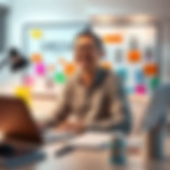 A person sitting at a desk with a laptop, smiling confidently while looking at a vision board filled with career goals.