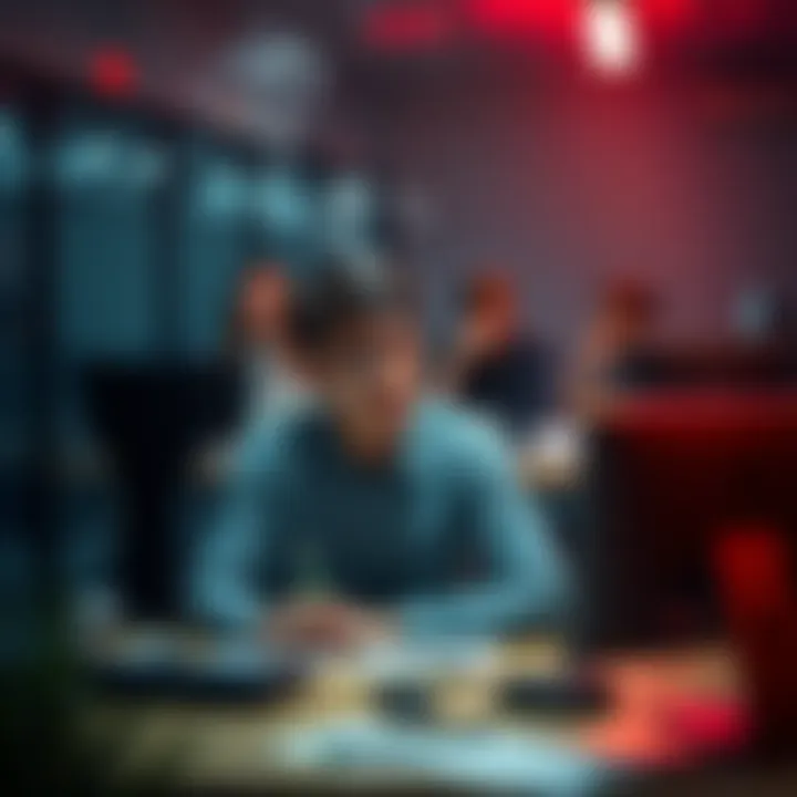 A young adult casually smoking cannabis at a desk in an office setting, surrounded by coworkers, with a relaxed atmosphere.